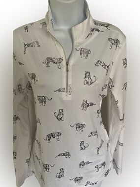 San Soleil Print Half-Zip Pullover - M White with silver gray  Tiger ,UPF50